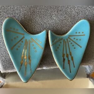 Vintage Atomic Style Turquoise and Gold Ceramic Earrings